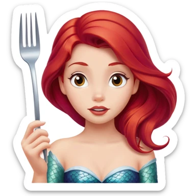 Disney Ariel mermaid with red hair holding a fork, curious expression sticker