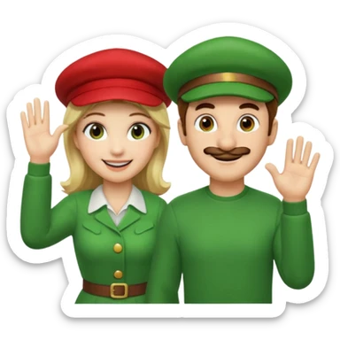 blonde female Luigi (with the Luigi green hat) and a normal brown hair male Mario with the red hat. They are friends! Maybe highfiving or just smiling sticker