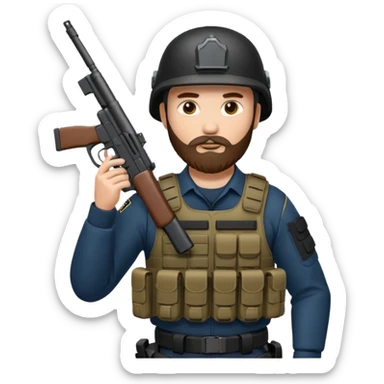 SWAT member with white skin and brown beard and gun sticker
