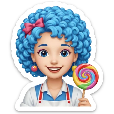 candy shop vendor, looking like candy with candy earrings and candy hair with big smile and blue curly hair sticker