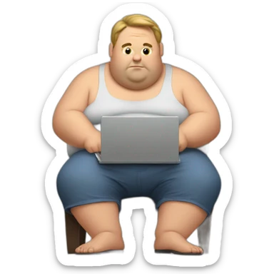 very fat guy working in a small laptop sticker
