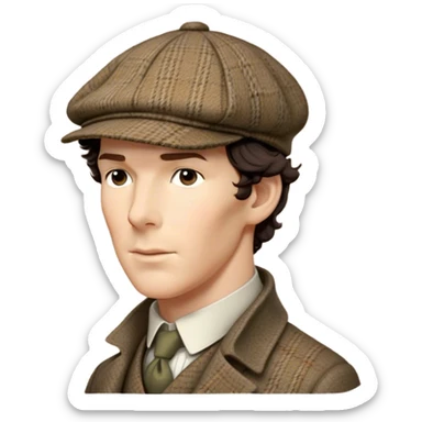 sherlock holmes benedict cumberbatch, wearing a deerstalker hat with the fabric is often tweed, which features a subtle checkered or herringbone pattern with darker and lighter threads woven together, creating texture and depth.  sticker