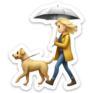 Blonde girl walking dog under the rain sticker