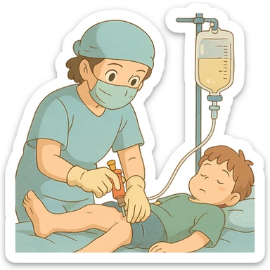 procedimento de punção intraóssea em estilo ghibli com detalhes médicos suaves sticker