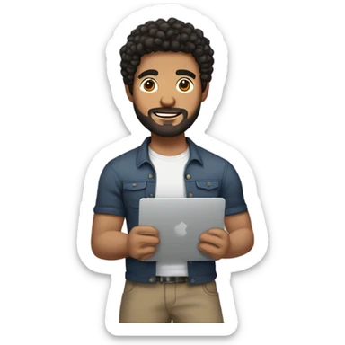men holding his computer in hands. light brown skin men with curly black hair, dark brown eyes, little grown beard. little bit muscular. dressed casual. round face. sticker