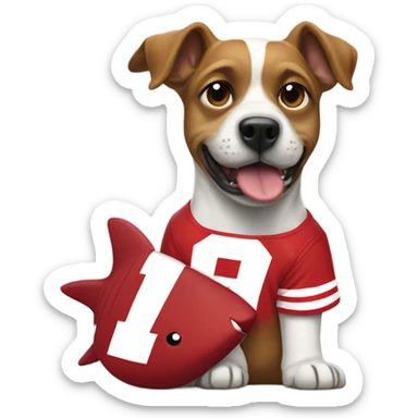 Dog with a shark fin wearing Nebraska Cornhusker jersey  sticker