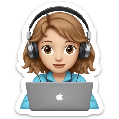 Women in front of laptop with a happy face, light brown wavy hair, light brown big eyes, light skin with a iced coffee on the side sticker