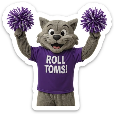 University of St. Thomas mascot Tommie the Tomcat, wearing a purple shirt with 'Roll Toms!' text, cheering with pom-poms sticker