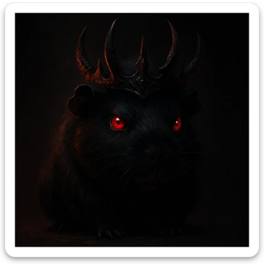 black guinea pig with red eyes, looking evil, wearing a demon crown, dramatic lighting, dark background sticker
