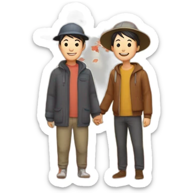 Happy skinny Chinese parents with caps. Standing in a park in front of an red autumn tree sticker