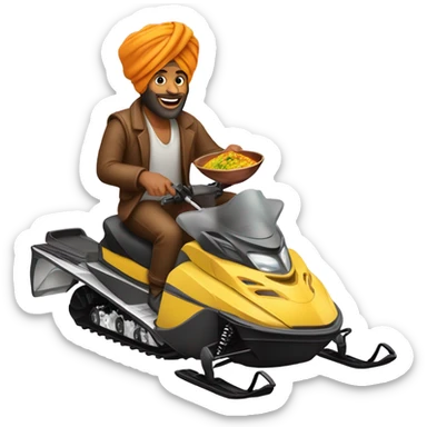 Brown man snowmobiling with the worlds tallest turban eating curry sticker