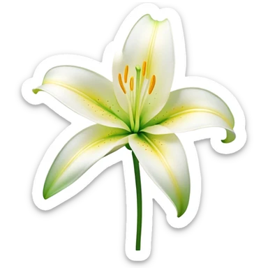 Cinematic Realistic Lily Emoji, Elegant and fragrant, with soft, white petals curling delicately around a golden-yellow stamen at its center. The long, slender green stem stands tall, supporting the vibrant bloom with its slightly curled tips. Soft glowing outline, capturing the essence of purity, elegance, and grace in a striking lily. sticker