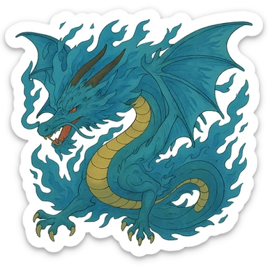 Add large, detailed wings to this fiery blue dragon, keep the style consistent with the original image, and remove the background. sticker