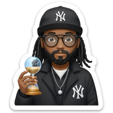 African American Man with shoulder length black dreadlocks with black beard wearing black sunglasses wearing a black bubble winter coat and a New York Yankees logo baseball cap holding a hourglass sticker
