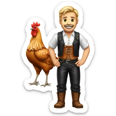 German man wearing Bavaria leather pants with half chicken sticker