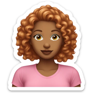 Light brown woman with pink lipstick, eyelashes, small eyes, auburn long curly hair, wearing pink t-shirt with green trim sticker