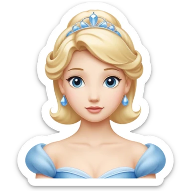 Cinematic Elegant Cinderella Portrait Emoji, rendered in a realistic, vector-style with minimal shading and bold, simplified shapes. Depict Cinderella in her classic ball gown (chest and above) with fair, porcelain skin and elegantly styled blonde hair, her eyes soft and kind, and her expression serene and graceful. The design glows with a gentle, enchanting radiance and high shine, capturing the timeless beauty of a fairy tale princess. sticker