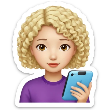 Asian girl, modern, short curly light blonde hair, loves colors, graphic designer sticker