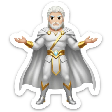 Zeus, whole body, white clothes, long white  hair, lightnings, determined face sticker