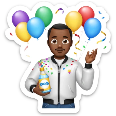 Diddy holding baby oil at a party with balloons and confetti and banners sticker