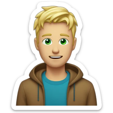 short haired blonde man with flushed face in a brown T-shirt, who has greeny blue eyes who is not smiling because he is flushing, his face is red, he is kinda confused sticker