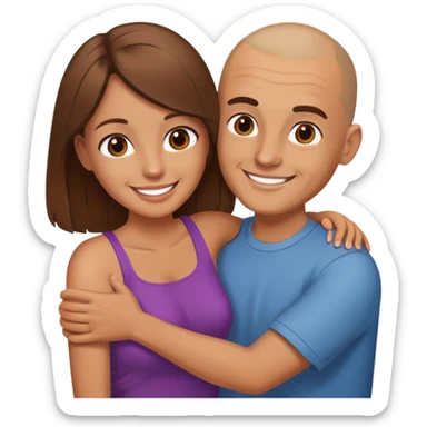 Man with shaved head holding woman with long brown hair sticker