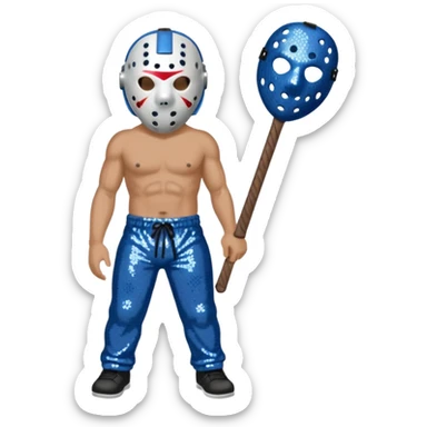 Jason Voorhees with white hockey mask, blue-gray sequin baggy pants, shirtless with necklace sticker