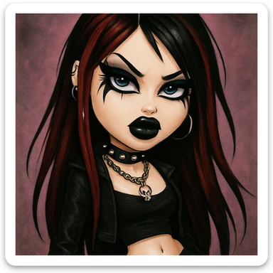 Emo alternative girl in Bratz baddie style: long dark red hair, pale skin, blue eyes, dramatic black eyeliner, pretty and fierce look. sticker