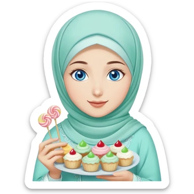 Turkish beautiful finish Konya girl blue eyes with mint hijab islamic dress and had on her hand sweets and celebrating with her friends eid days   sticker