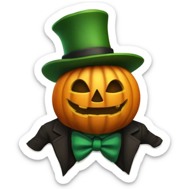 human-like pumpkin, with green arms, brown legs, black tophat, jack o lamtern face with monocle, green bow tie. sticker