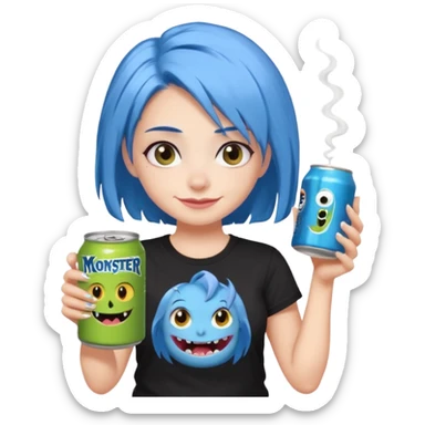 Chibi sticker of a woman with powder blue hair, lower back length, with white eyes hold a can of Monster with a smug smile; cozy cartoon style sticker