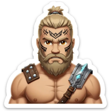 Clash of Clans aesthetic: Cinematic Rugged Barbarian Portrait Emoji, Intense and formidable with a heavily muscled physique, a rugged beard, piercing eyes and battle-worn armor adorned with tribal markings, his complexion a light tan that speaks of hard-fought battles, Simplified yet powerfully detailed features, highly detailed, glowing with a deep, primal energy, high shine, gritty and uncompromising, stylized with an air of raw, untamed power, focused and determined, soft glowing outline, capturing the essence of a barbarian warrior carved by countless battles and poised to lead his clan into epic conflict! sticker