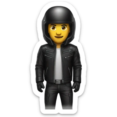 Man in black leather jacket with a dark tinted motorcycle helmet sticker