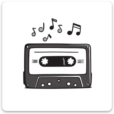 A hand-drawn cassette tape with music notes floating around it sticker