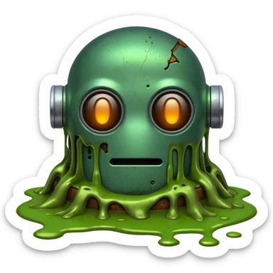 make a tired old melting robot emoji, covered in green sludge, 2d sticker