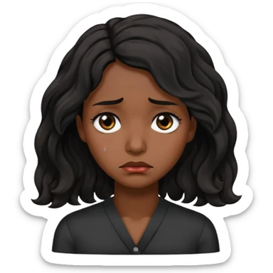 Sad face with tears,  dark brown skin color black women wavy hair shoulder length smaller eyes sticker