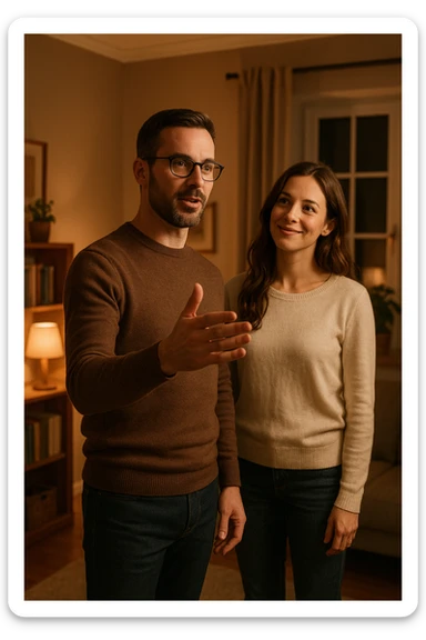 a woman stands slightly behind a man in a domestic setting, looking at him con fiducia e attesa. Il man is upright, with a confident and decisive posture, gently gesturing as if giving direction. The woman’s body language is relaxed and receptive, showing that she trusts and follows his lead. The background is warm and softly lit, emphasizing the couple’s dynamic. sticker