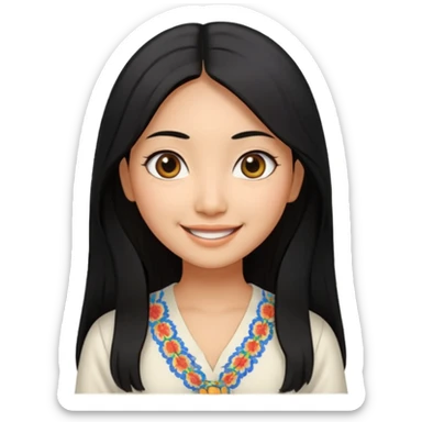 30 yr old asian woman center parted hair big eyes big smile tanned skin straight black hair hippie part hair white blouse sticker