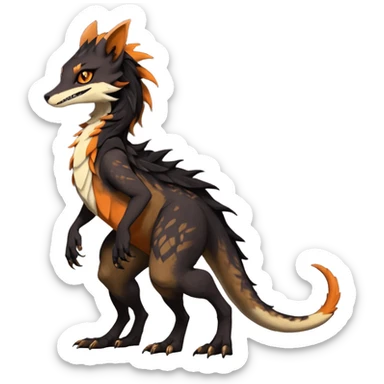 Brown and beige badass elegant wild beautiful natural cute badass epic exotic anthro modern furry 2-legged sergal-vernid-Salandit-creature, full body, dark-brown-black-gradient pretty hair, with a long tufted tail, beautiful hazel-orange eyes, aesthetic, art by LiLaiRa, art by art by Falvie sticker