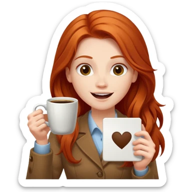 Excited long haired redhead drinking coffee holding sign in front saying GTSY sticker