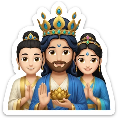 Create a Jesus, Krishna, and Buddha standing together. Buddha: warm golden or light tan skin, dark curled hair with a traditional top bun (ushnisha), half-closed meditative eyes

 sticker