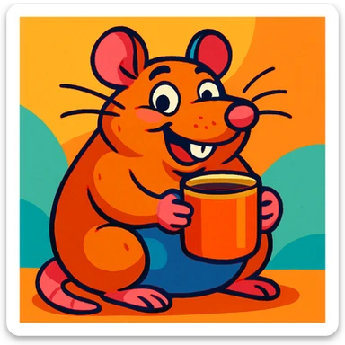 a chubby rat with a mug in hand, colorful cartoon style, vibrant and cheerful sticker