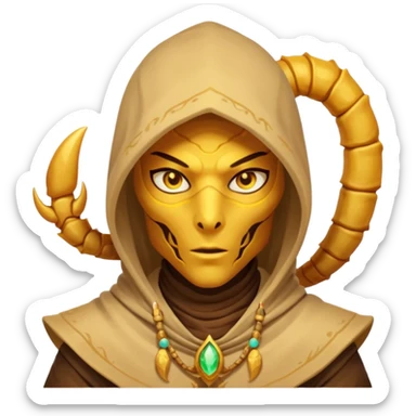 desert sand mage portrait, head and shoulders only, scorpion-themed hood, golden desert jewelry, swirling sand aura, glowing eyes, fantasy vibe, 3D cartoon, mobile game icon style, clean background, no text, no watermark
 sticker