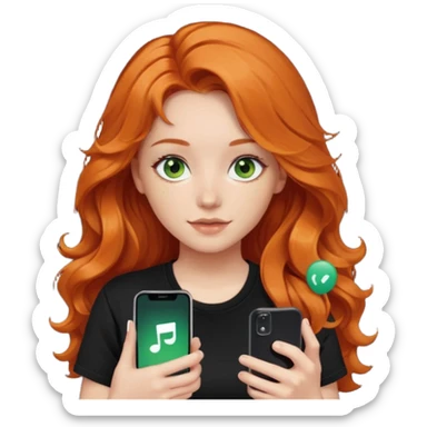 Girl with dark long orange wavy hair, green eyes, and black t-shirt and phone with tiktok app on hand sticker