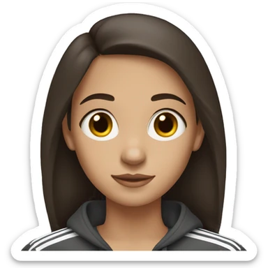 a dark brown haired girl with dark brown eyes wearing an adidas sweater sticker