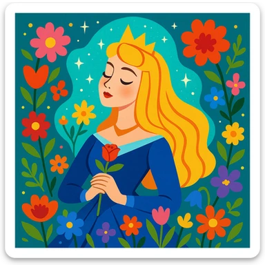Sleeping Beauty in a whimsical fantasy style, surrounded by flowers, magical aura, delicate features sticker