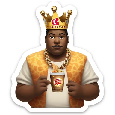 solo portrait with jewelry, but wearing a Burger King crown, smoking a cigarette, and a sumo wrestler eating Mayo in the background sticker