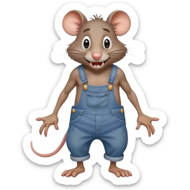 unhappy disheveled dizzy cartoon hillbilly rat wearing overalls no shirt. standing and talking full body. human eyes. teeth showing talking. walking talking moving arms. reacting upset sticker