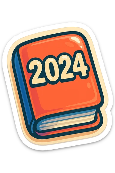 retro sticker-style image of a small pocket calendar closed, with a visible year on the cover, bold outlines, juicy colors, expressive shadows and highlights, playful and glossy look sticker