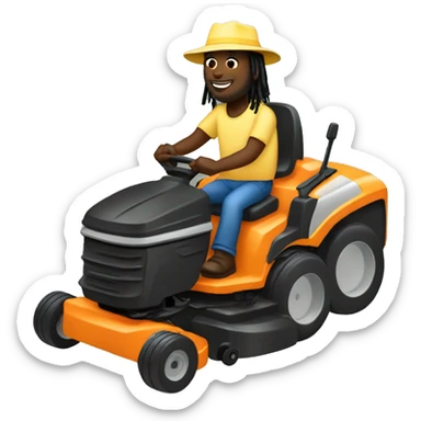 Black man with dreads riding lawn mover with a sun blocking hat sticker